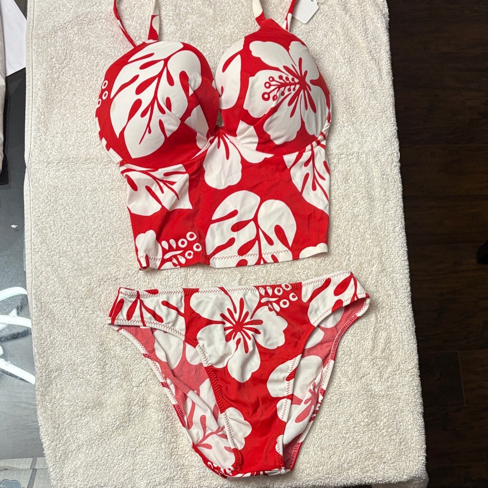 Red and White Floral Bikini Set